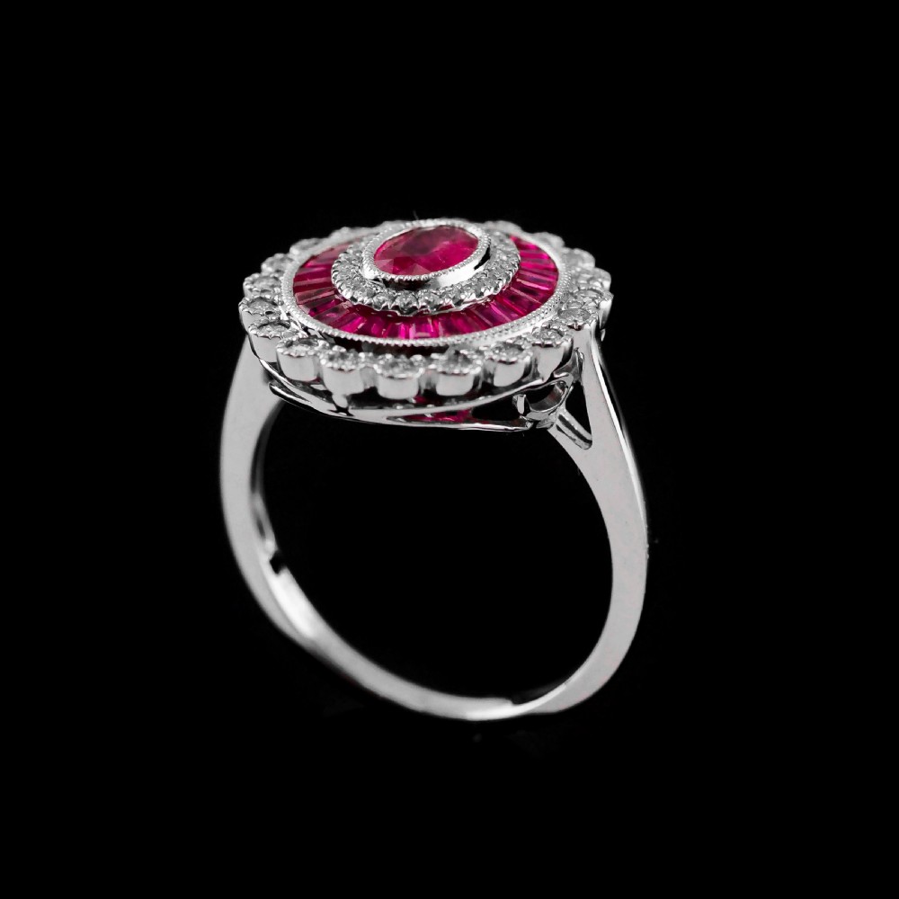 Ruby & Diamond 18K White Gold Cluster Target / Flower Ring View IV