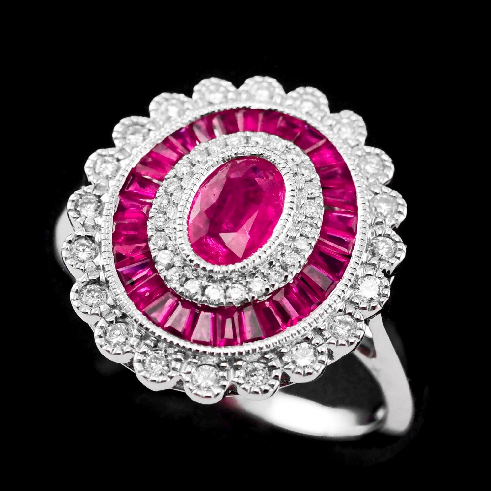 Ruby & Diamond 18K White Gold Cluster Target / Flower Ring View VI