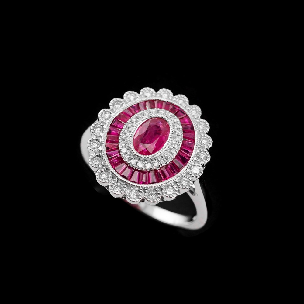 Ruby & Diamond 18K White Gold Cluster Target / Flower Ring View IX