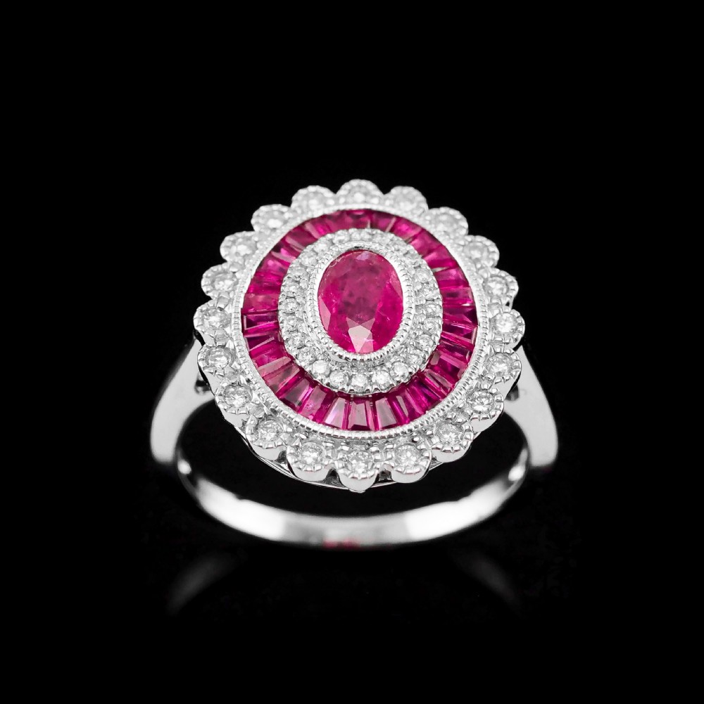 Ruby & Diamond 18K White Gold Cluster Target / Flower Ring View X