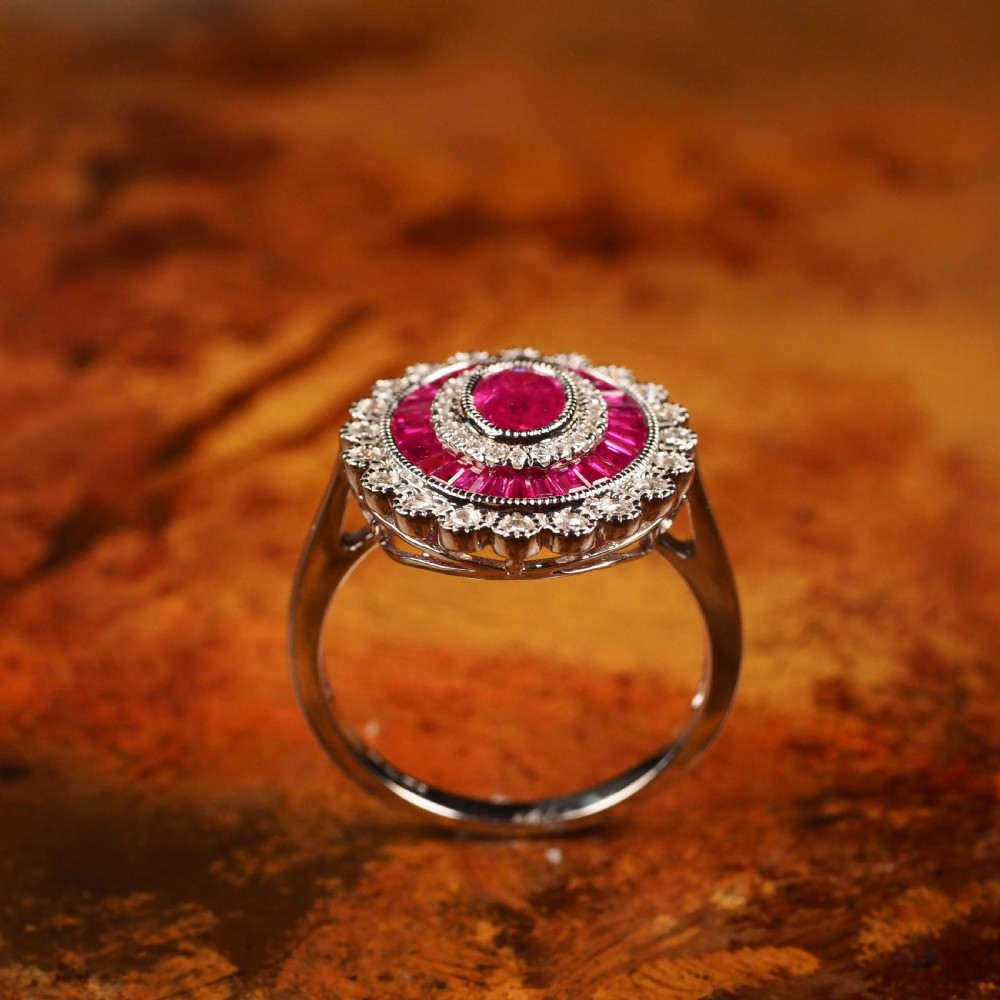 Ruby & Diamond 18K White Gold Cluster Target / Flower Ring View XII