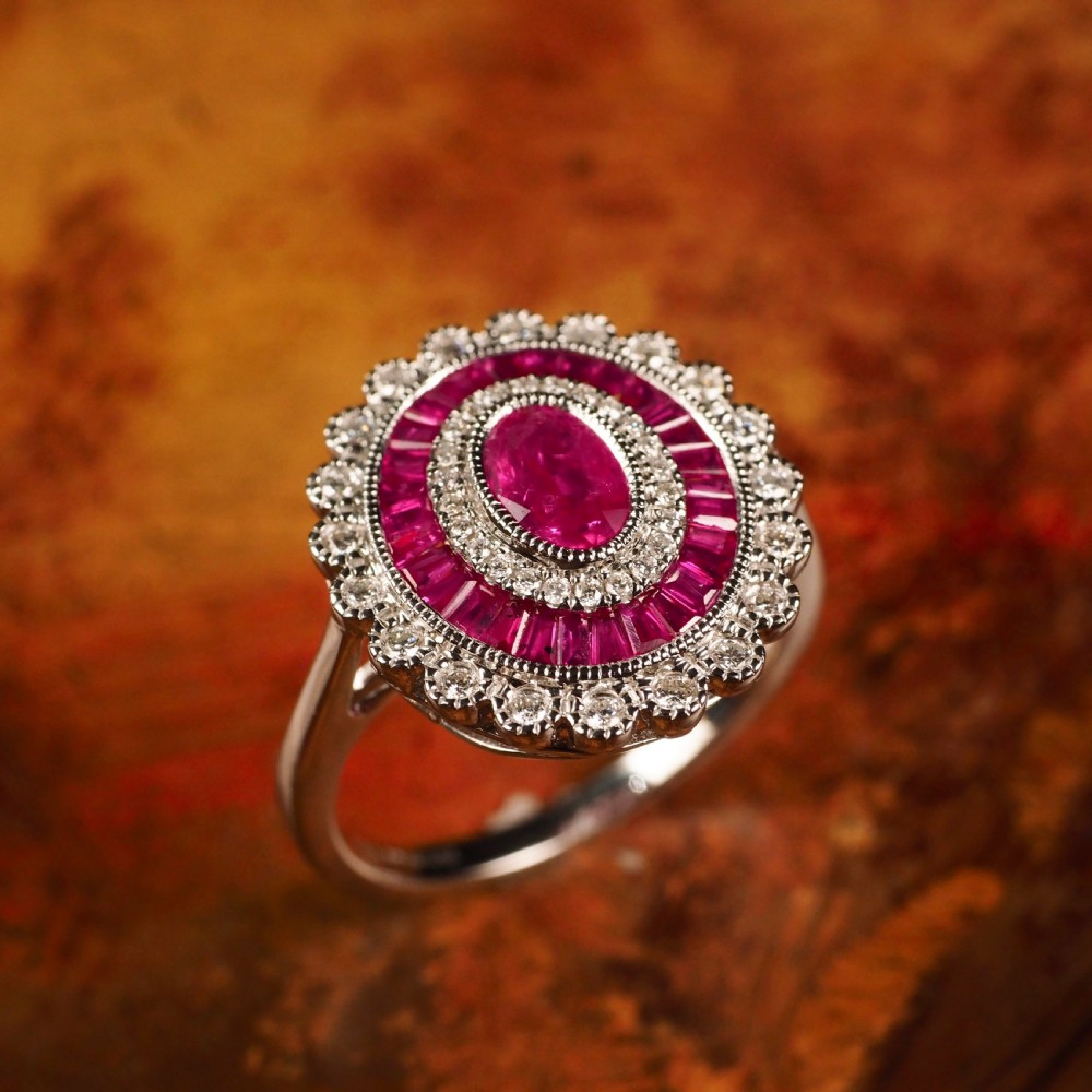 Ruby & Diamond 18K White Gold Cluster Target / Flower Ring View XIII