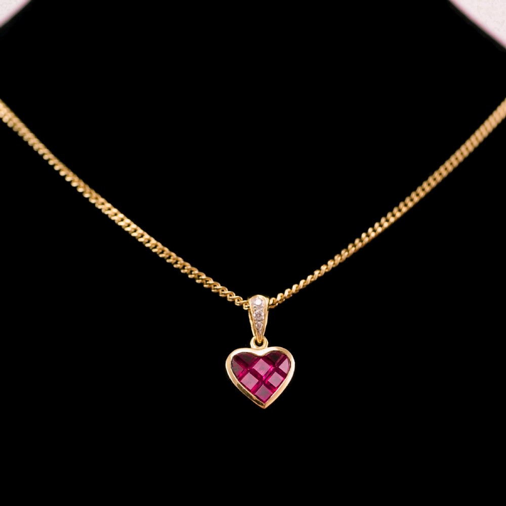 A Vintage Ruby & Diamond 18K Gold Heart Shaped Necklace View VI