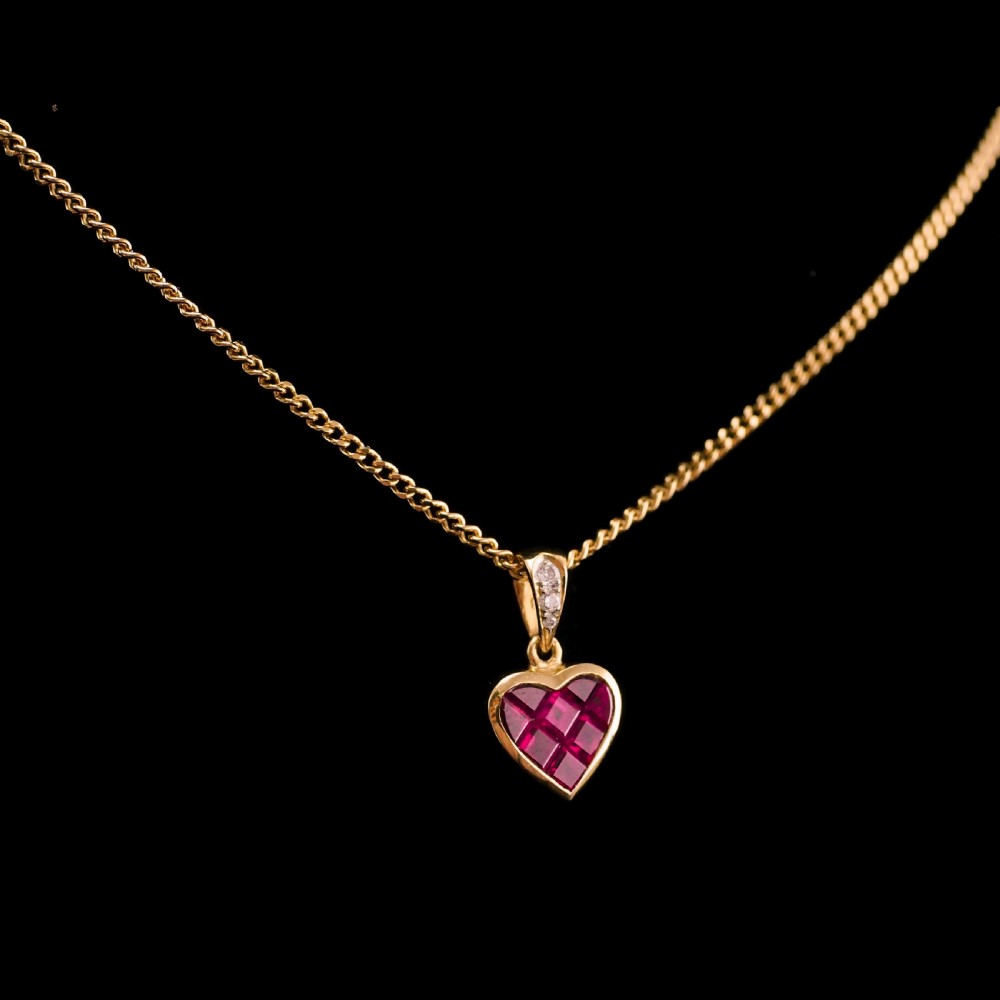 A Vintage Ruby & Diamond 18K Gold Heart Shaped Necklace View IX