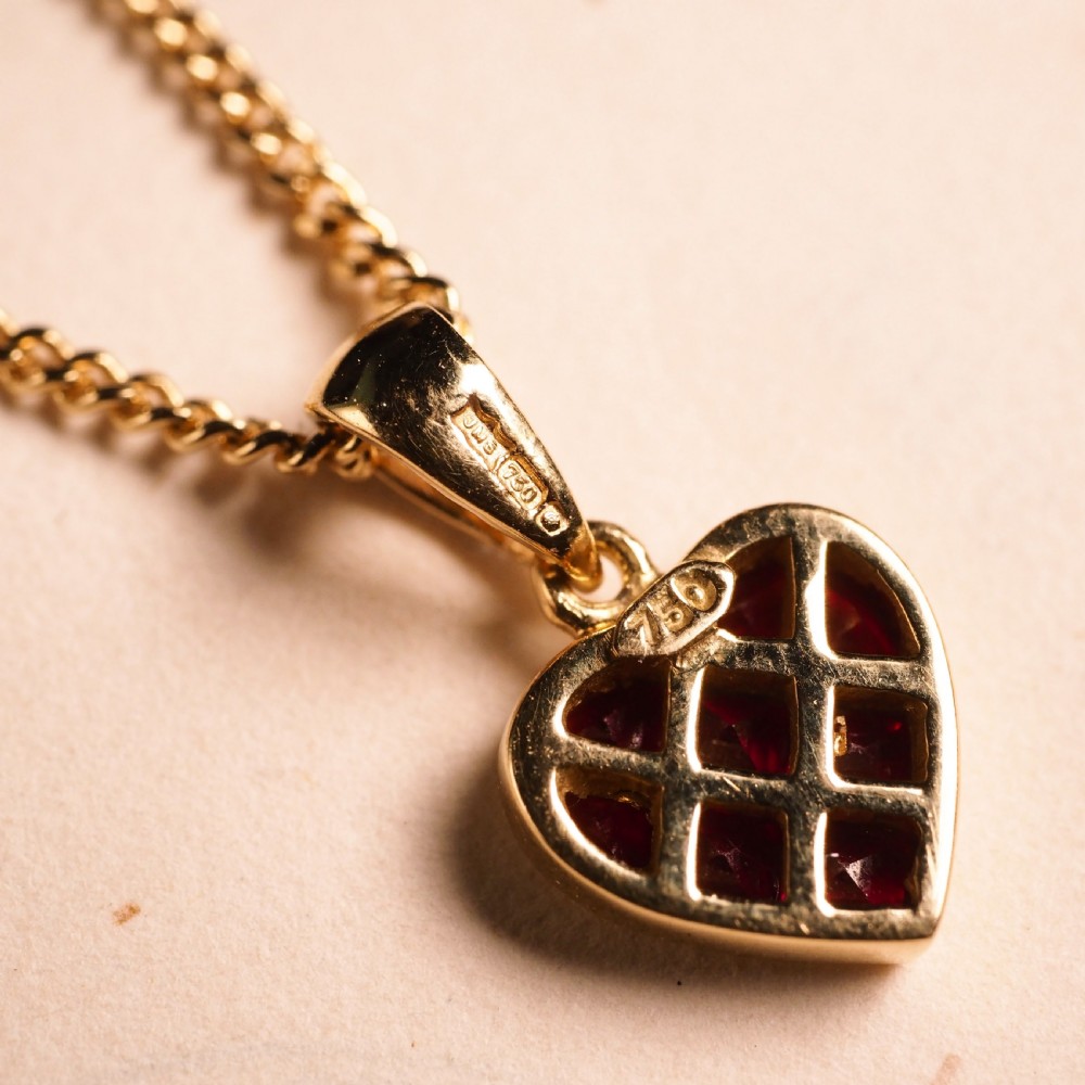 A Vintage Ruby & Diamond 18K Gold Heart Shaped Necklace View X
