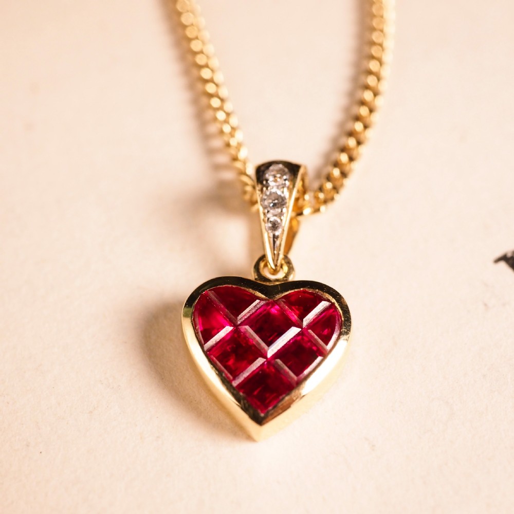 A Vintage Ruby & Diamond 18K Gold Heart Shaped Necklace View XII