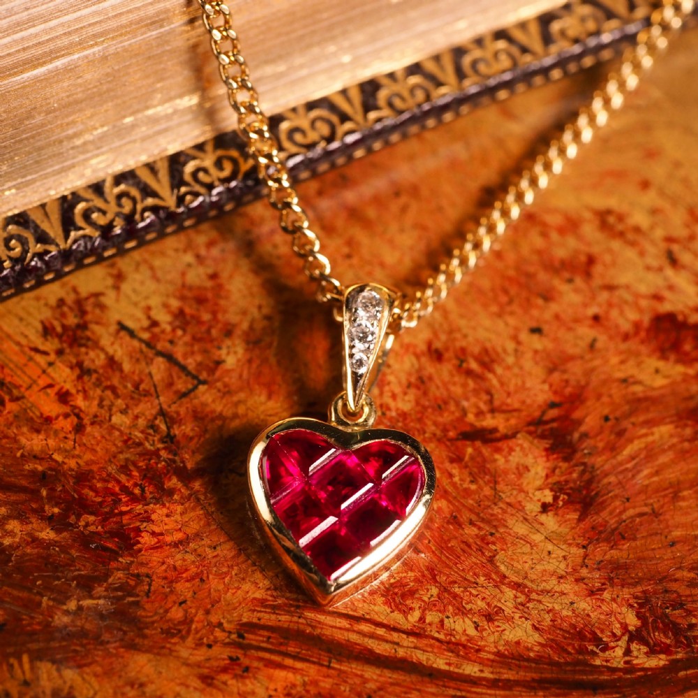 A Vintage Ruby & Diamond 18K Gold Heart Shaped Necklace View XIII