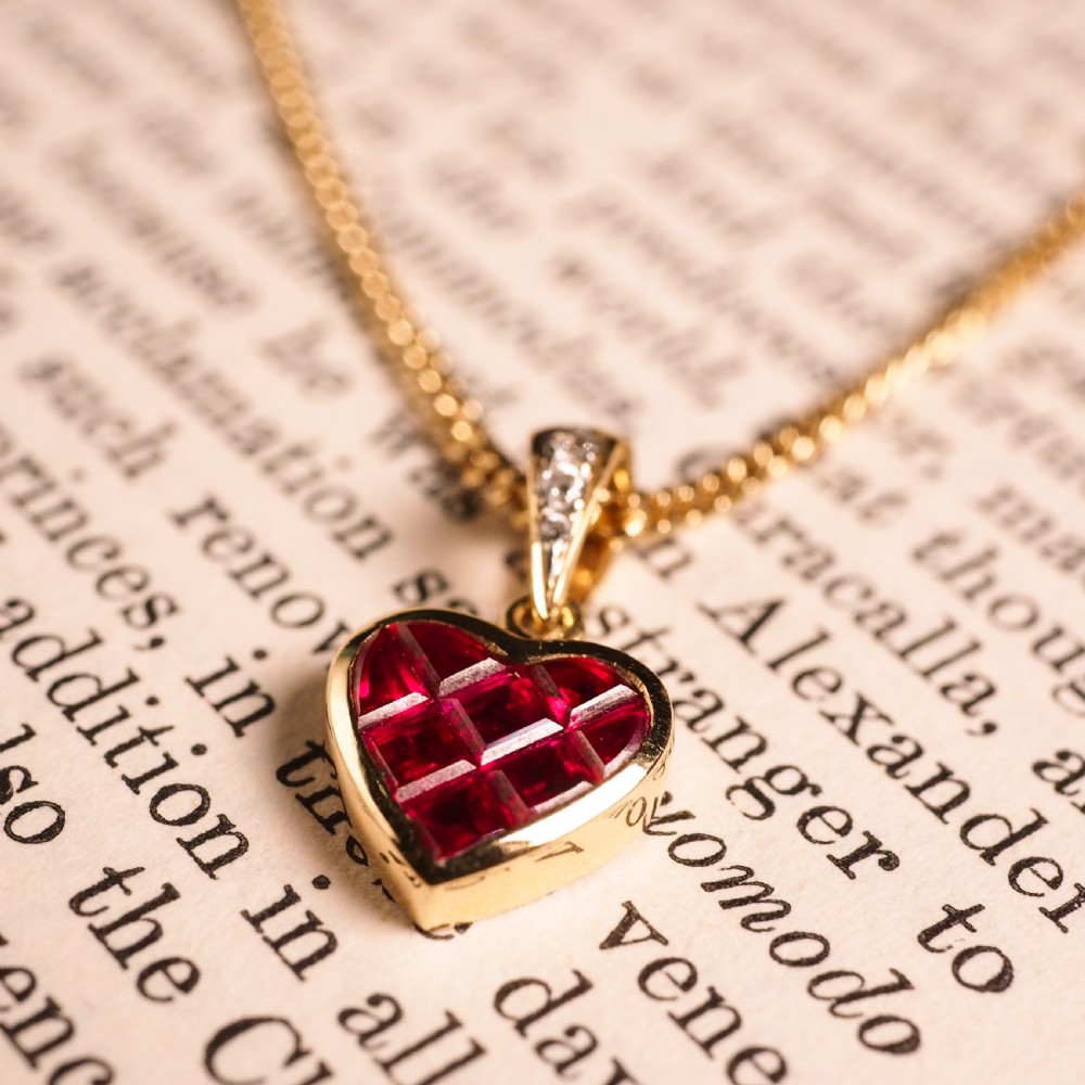 A Vintage Ruby & Diamond 18K Gold Heart Shaped Necklace View XIV
