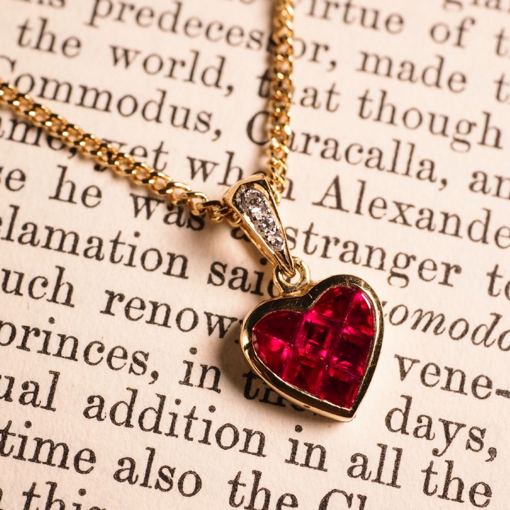 A Vintage Ruby & Diamond 18K Gold Heart Shaped Necklace View XV