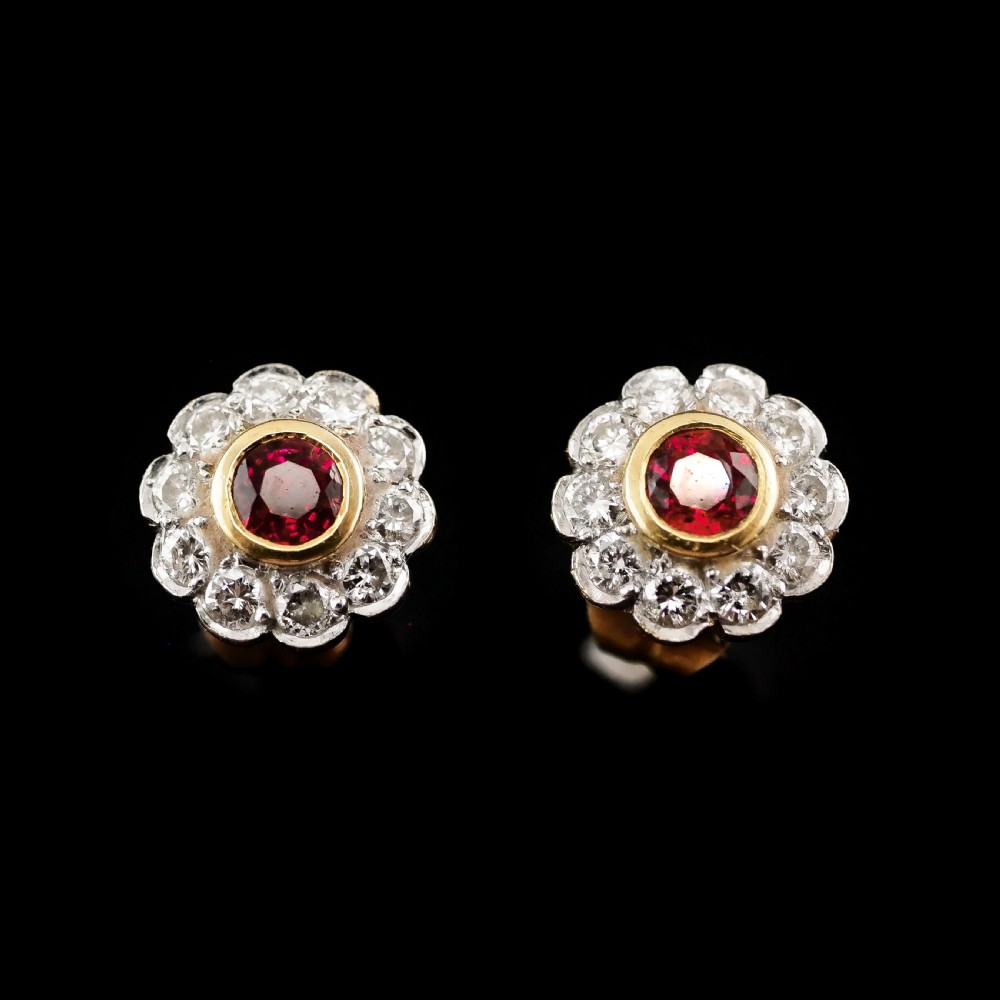 A Pair of Ruby & Diamond 18K Earrings Flower Cluster Design
