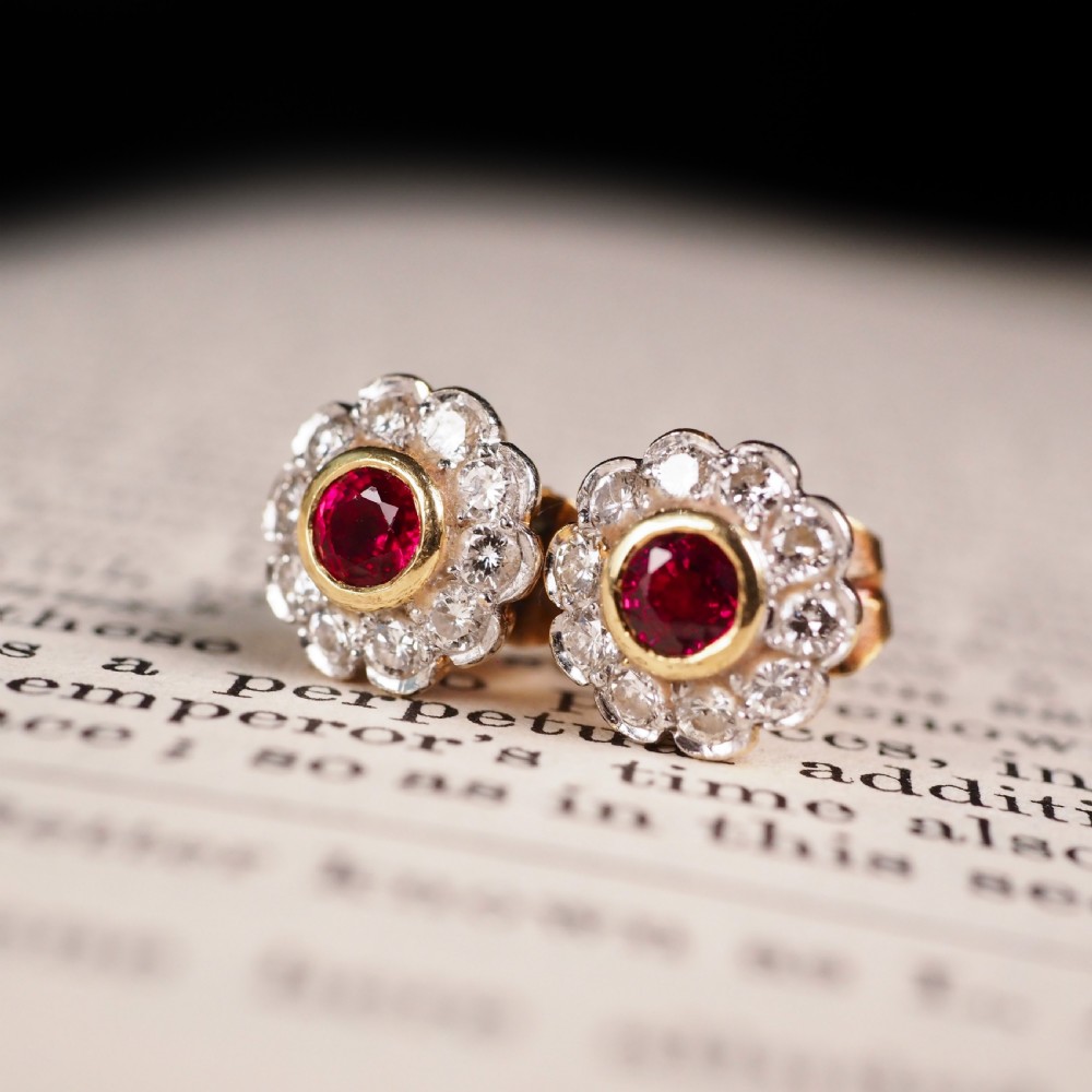 A Pair of Ruby & Diamond 18K Earrings Flower Cluster Design View II