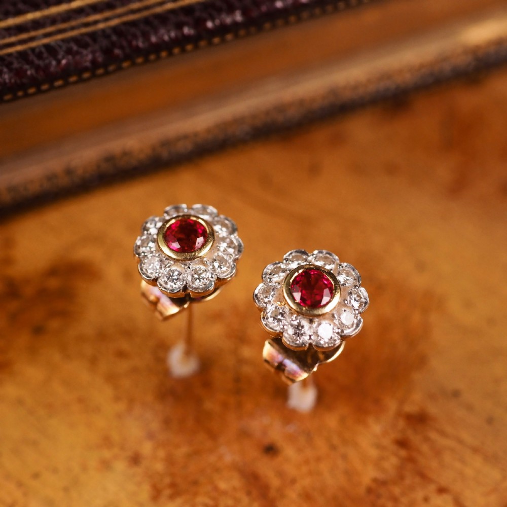 A Pair of Ruby & Diamond 18K Earrings Flower Cluster Design View III