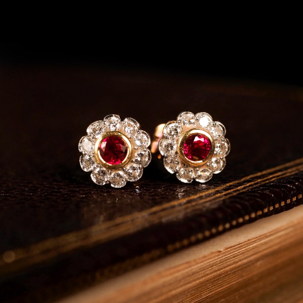 A Pair of Ruby & Diamond 18K Earrings Flower Cluster Design View IV