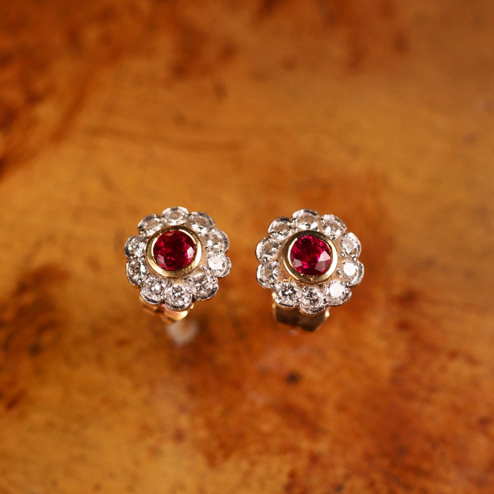 A Pair of Ruby & Diamond 18K Earrings Flower Cluster Design View V