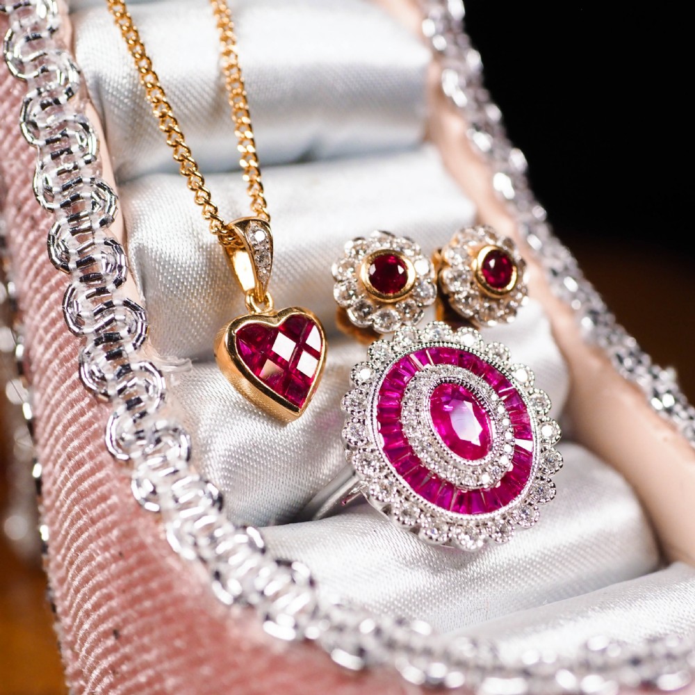 A Pair of Ruby & Diamond 18K Earrings Flower Cluster Design View VII