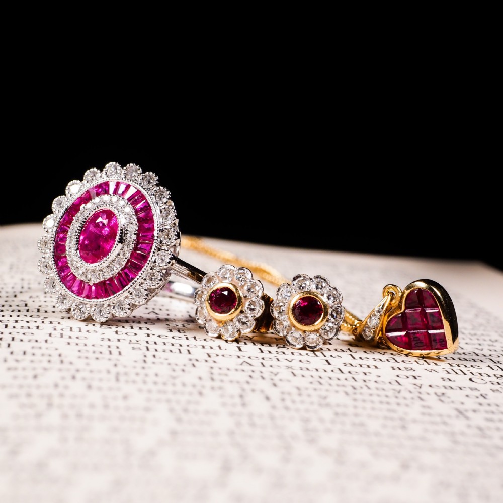 A Pair of Ruby & Diamond 18K Earrings Flower Cluster Design View VIII