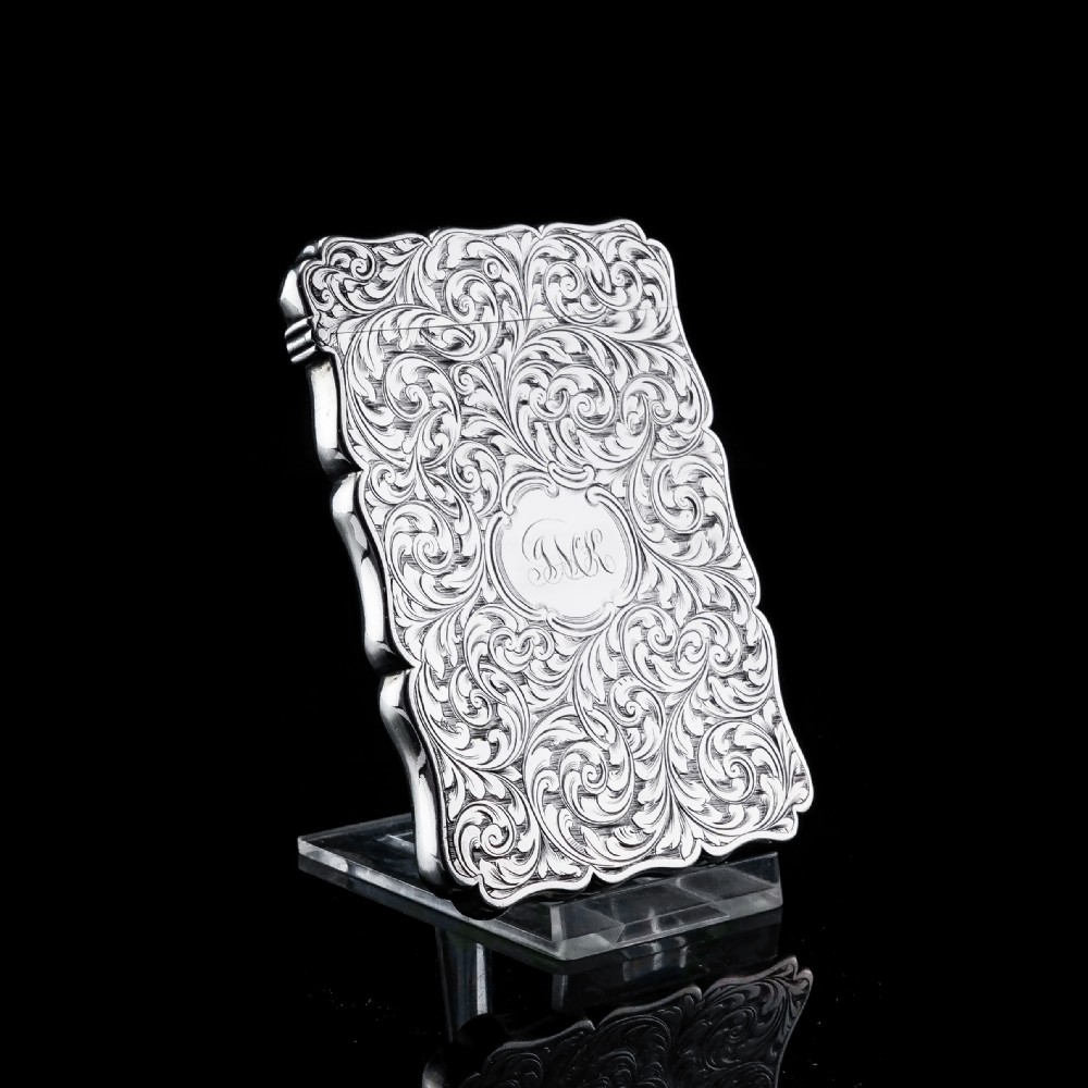 Antique Solid Silver Card Case Beautifully Hand Engraved Acanthus Motif - Edward Smith 1862