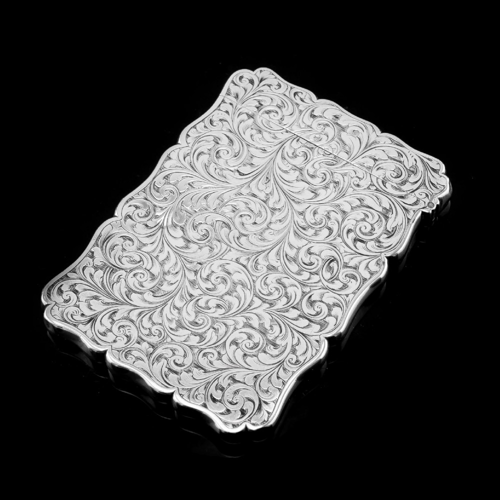 Antique Solid Silver Card Case Beautifully Hand Engraved Acanthus Motif - Edward Smith 1862 View V
