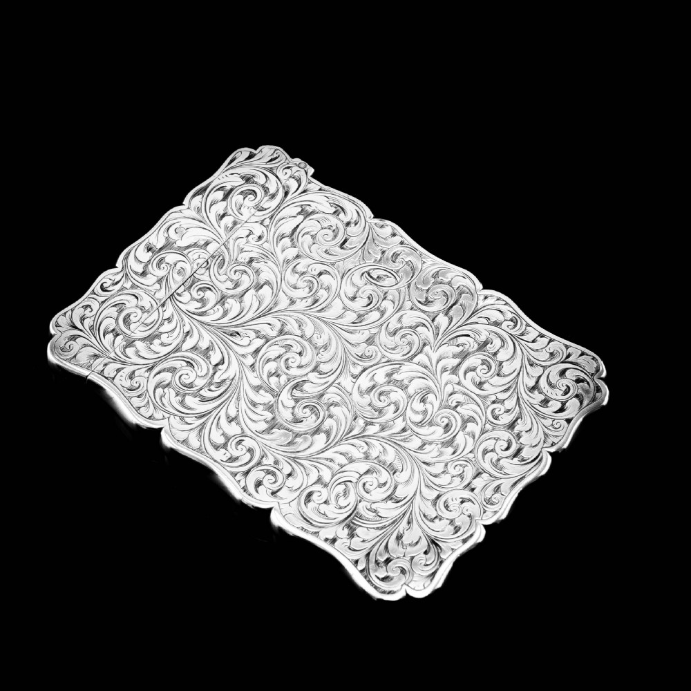 Antique Solid Silver Card Case Beautifully Hand Engraved Acanthus Motif - Edward Smith 1862 View VII