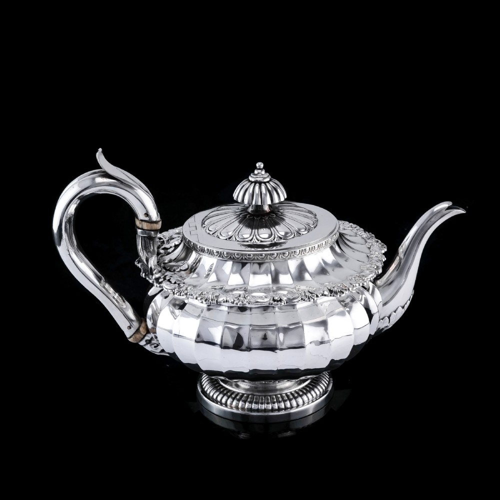 Antique Georgian Solid Silver Teapot Fluted Design by John Bridge (Rundell, Bridge & Rundell) 1827 - Top Maker View VI