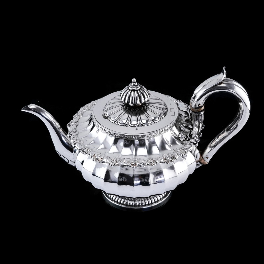 Antique Georgian Solid Silver Teapot Fluted Design by John Bridge (Rundell, Bridge & Rundell) 1827 - Top Maker View X