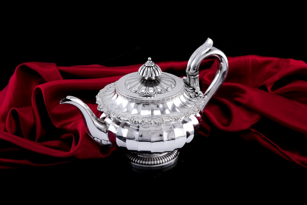 Antique Georgian Solid Silver Teapot Fluted Design by John Bridge (Rundell, Bridge & Rundell) 1827 - Top Maker View XI