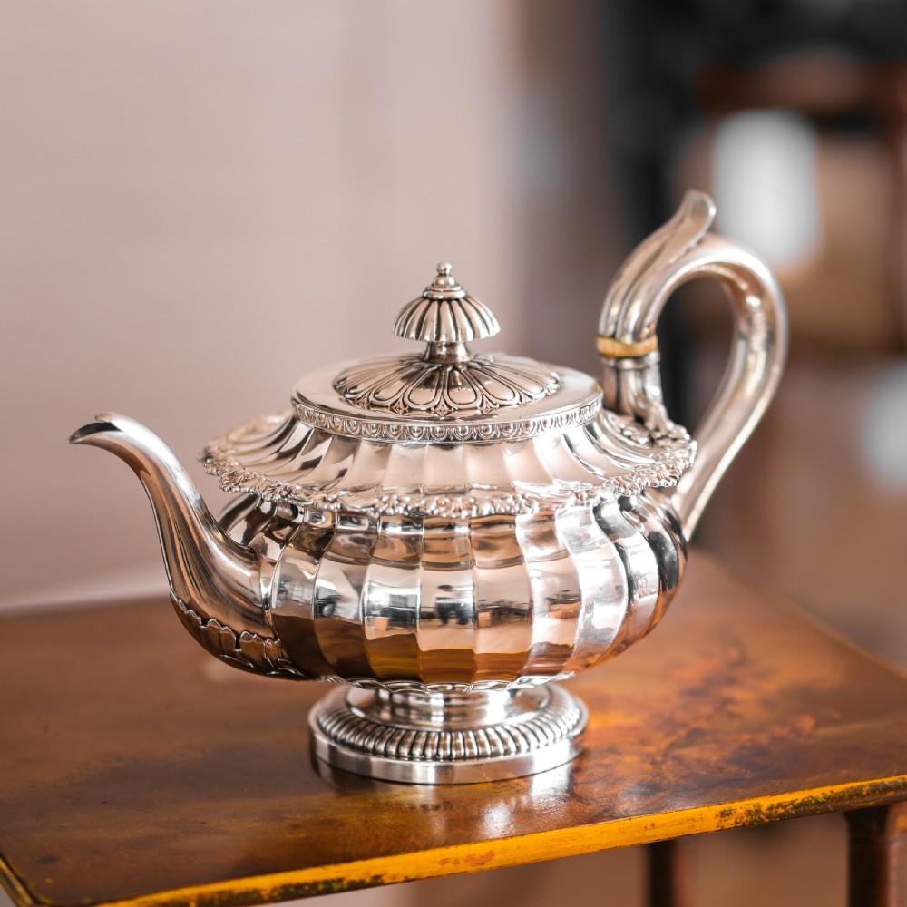 Antique Georgian Solid Silver Teapot Fluted Design by John Bridge (Rundell, Bridge & Rundell) 1827 - Top Maker View XXV