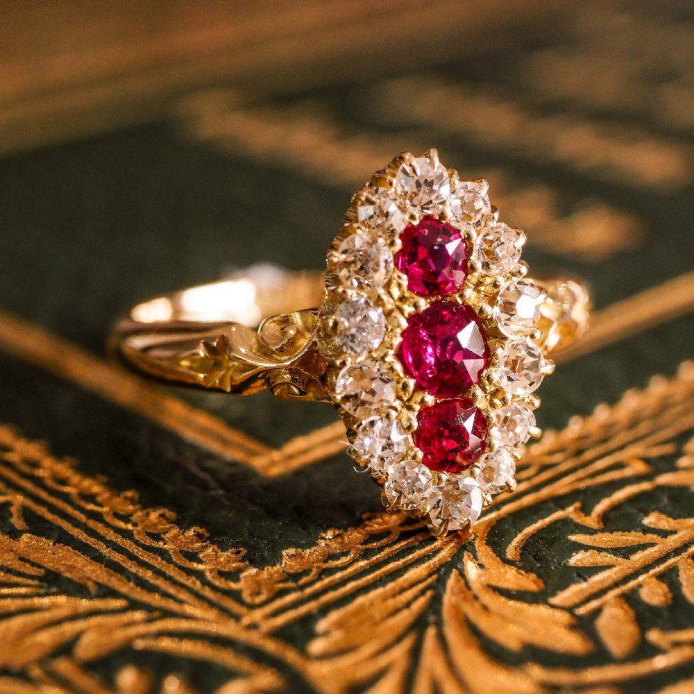Antique Victorian Ruby & Diamond 18K Gold Navette Cluster Ring - c.1880 View II