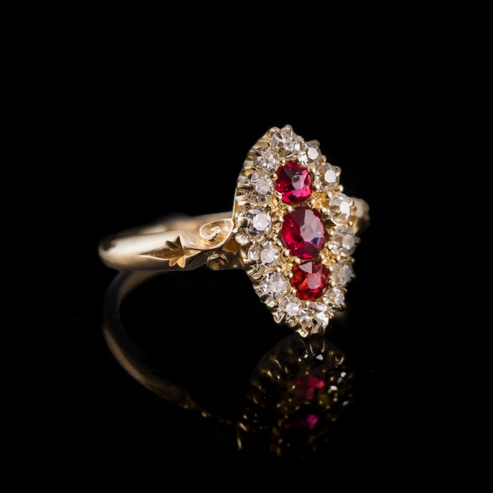 Antique Victorian Ruby & Diamond 18K Gold Navette Cluster Ring - c.1880 View IV