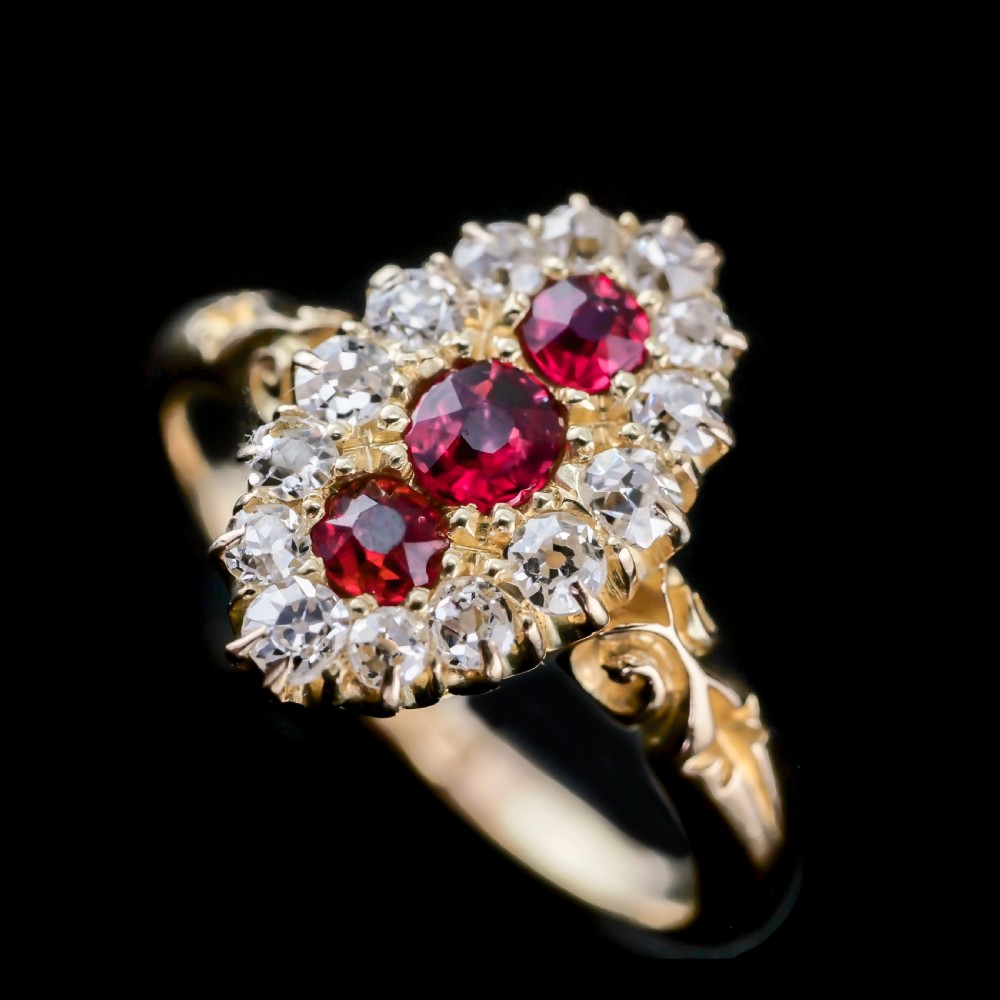 Antique Victorian Ruby & Diamond 18K Gold Navette Cluster Ring - c.1880 View VI