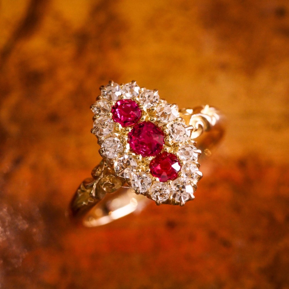 Antique Victorian Ruby & Diamond 18K Gold Navette Cluster Ring - c.1880 View VII