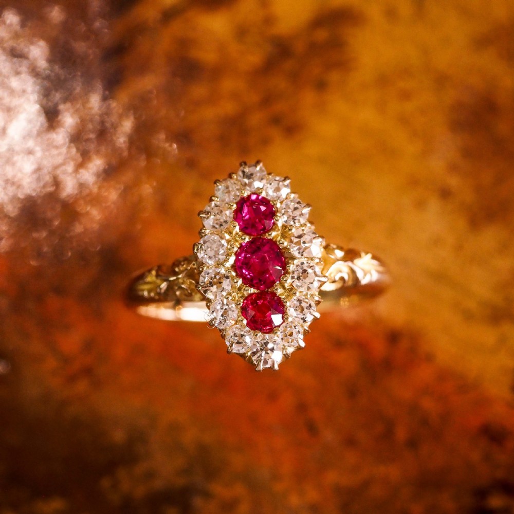 Antique Victorian Ruby & Diamond 18K Gold Navette Cluster Ring - c.1880 View VIII