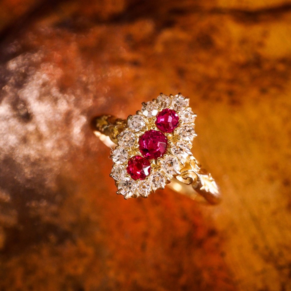 Antique Victorian Ruby & Diamond 18K Gold Navette Cluster Ring - c.1880 View IX