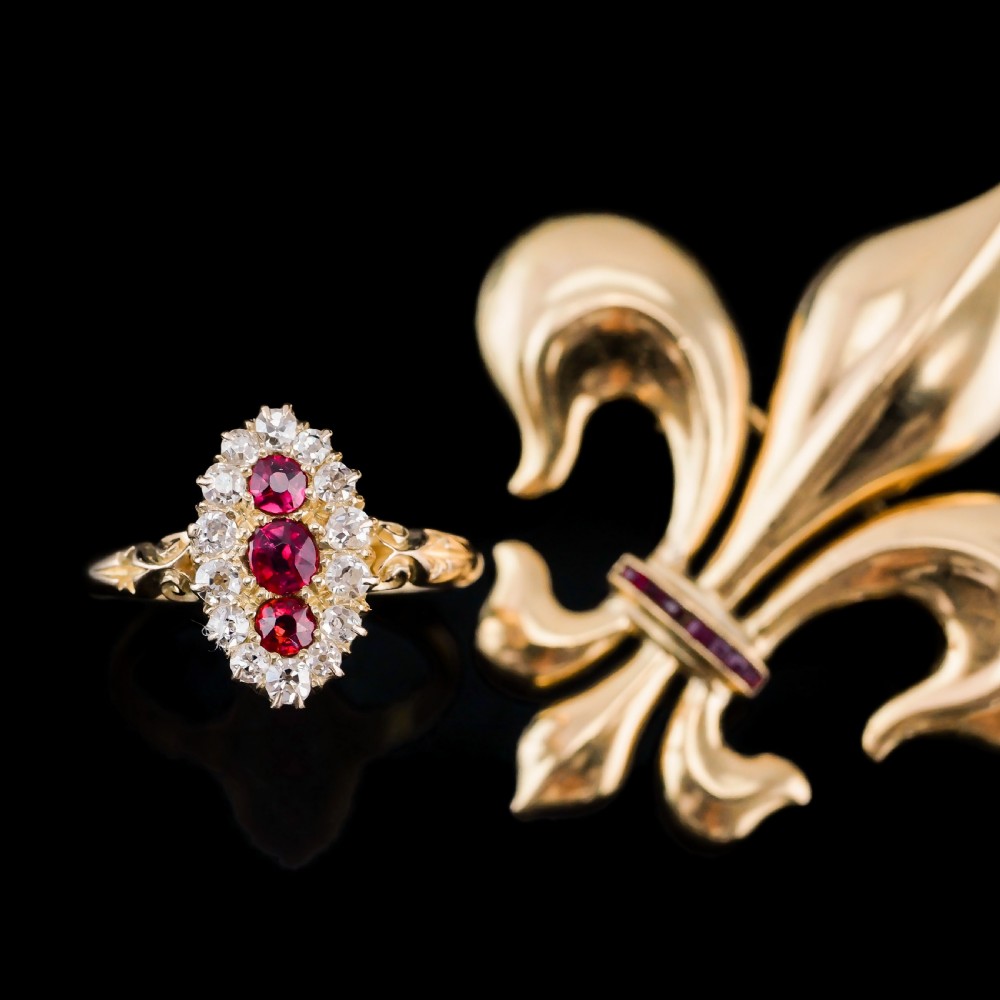 Antique Victorian Ruby & Diamond 18K Gold Navette Cluster Ring - c.1880 View X