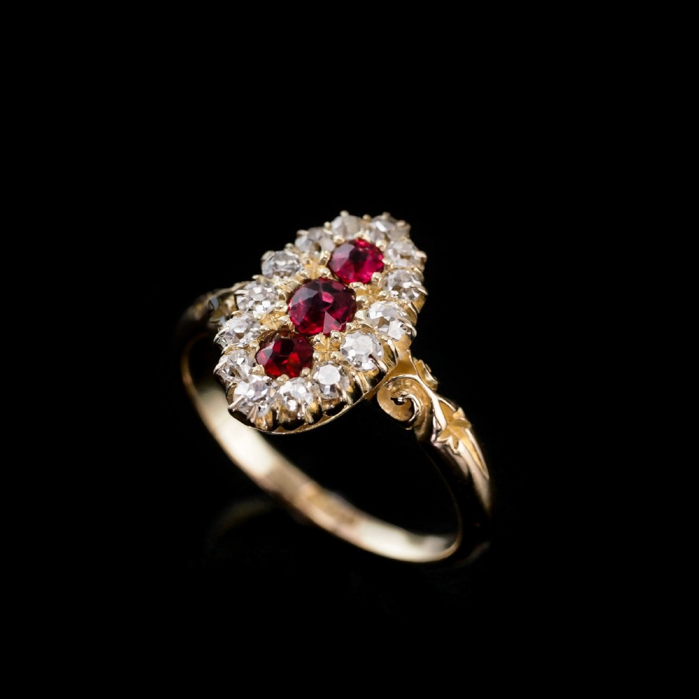 Antique Victorian Ruby & Diamond 18K Gold Navette Cluster Ring - c.1880 View XIII