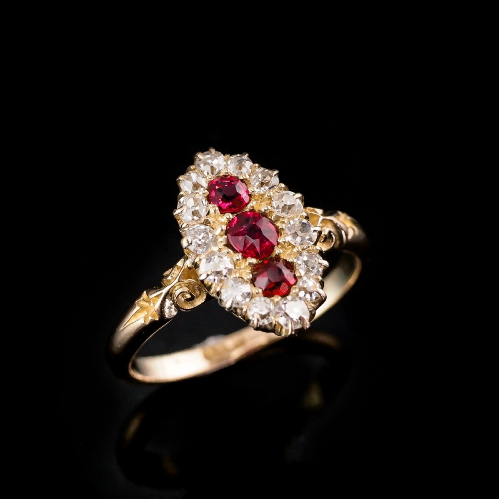 Antique Victorian Ruby & Diamond 18K Gold Navette Cluster Ring - c.1880 View XIV