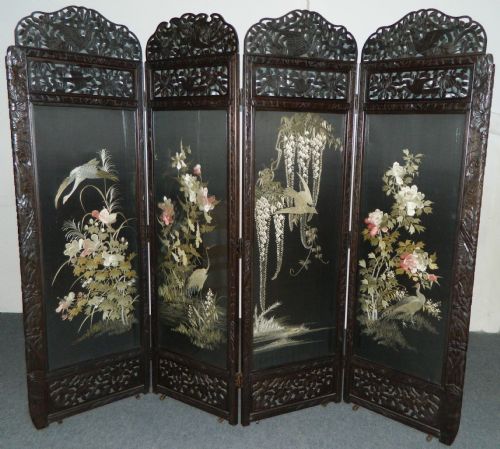 Superb Large Oriental Embroidered Silk Room Screen