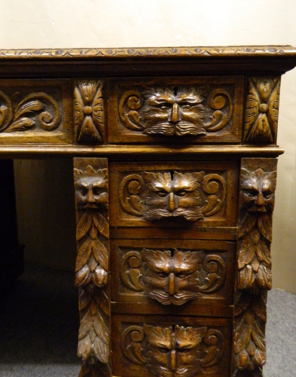 Carved oak green man desk View II