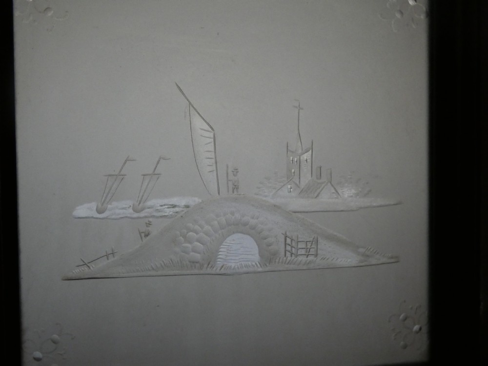 Unusual etched glass room screen - Dutch ? View IV