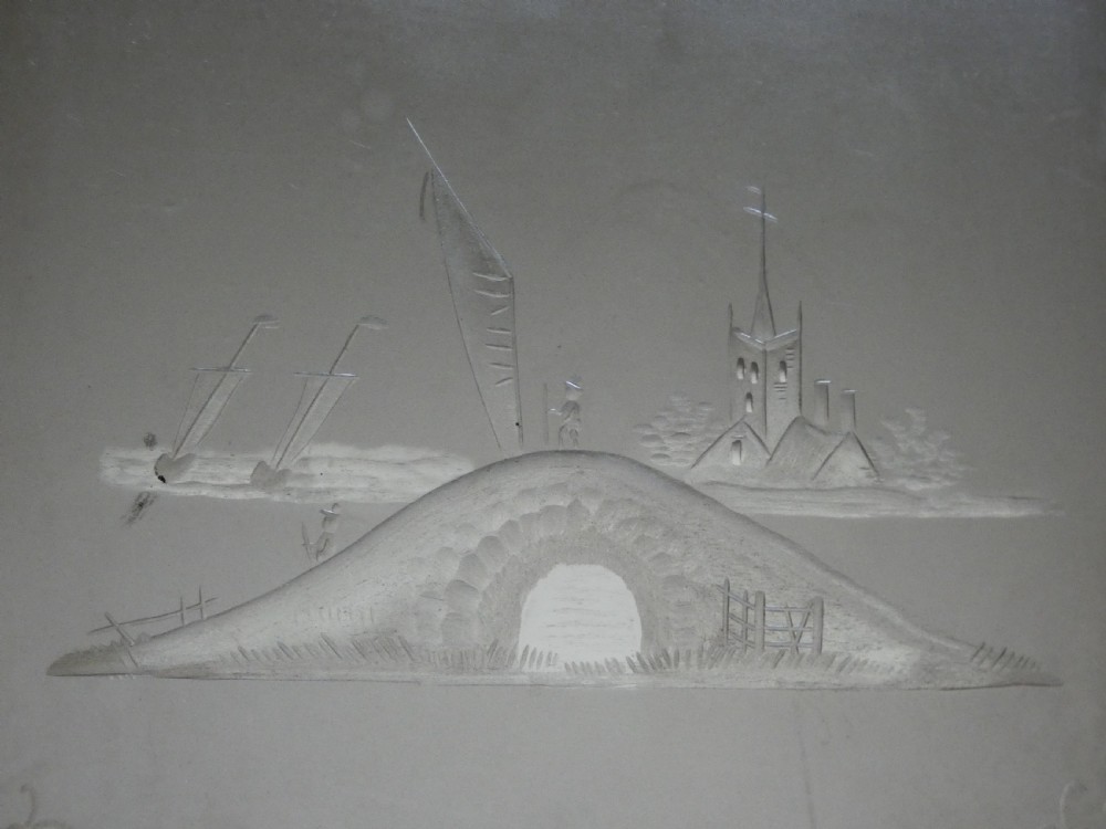 Unusual etched glass room screen - Dutch ? View IX