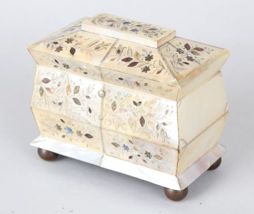 fig 1. An unusually small early Victorian mother of pearl tea caddy