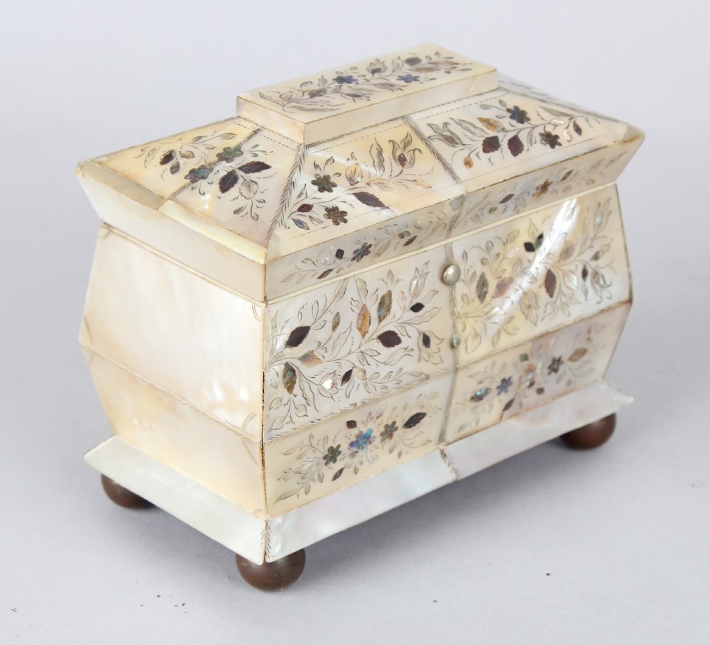 An unusually small early Victorian mother of pearl tea caddy View III