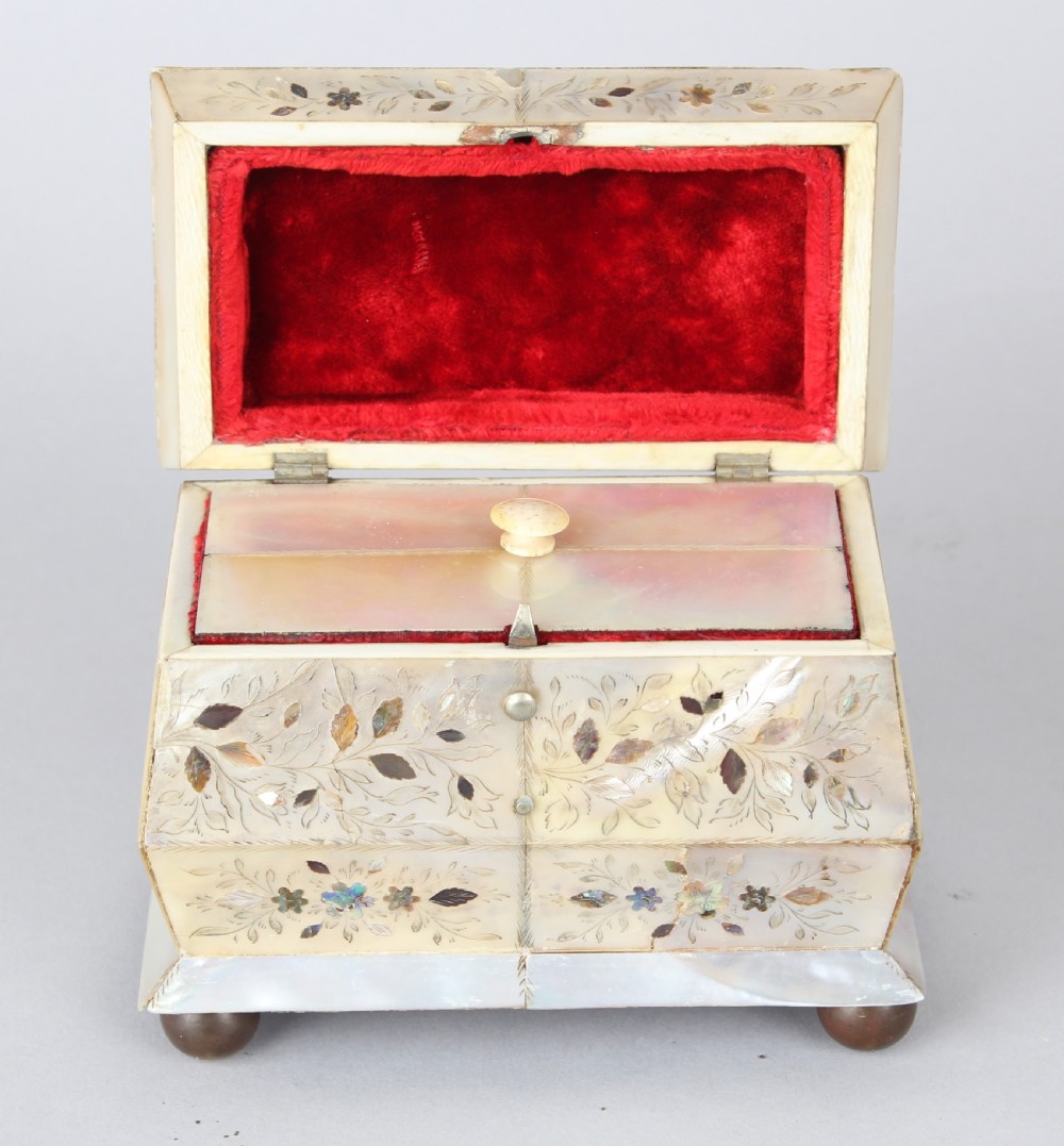 An unusually small early Victorian mother of pearl tea caddy View IV