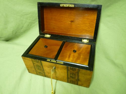 Victorian Inlaid Walnut Tea Caddy. Original Lids. c1880