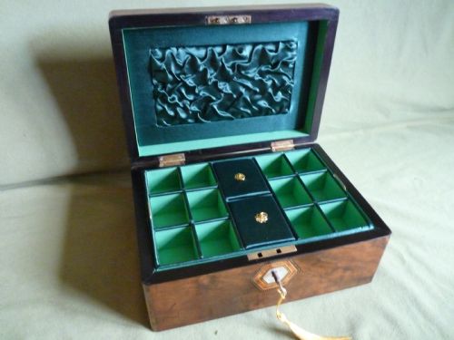 Inlaid Burr Walnut Jewellery Box. Plush Interior. c1875