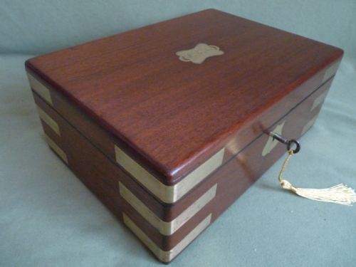 Victorian Solid Mahogany Brass Bound Jewellery Box + Tray. c1860