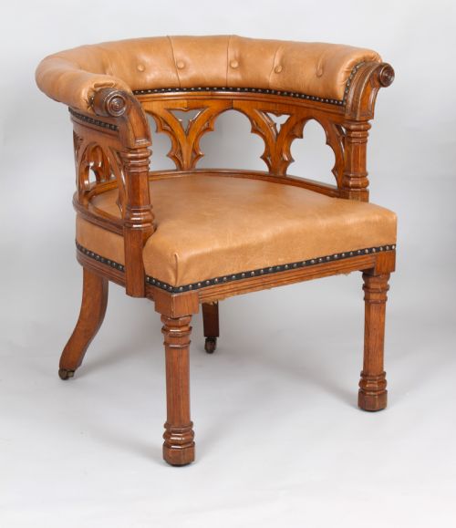 Victorian Golden-oak Tub Armchair in the Gothic Revival Manner
