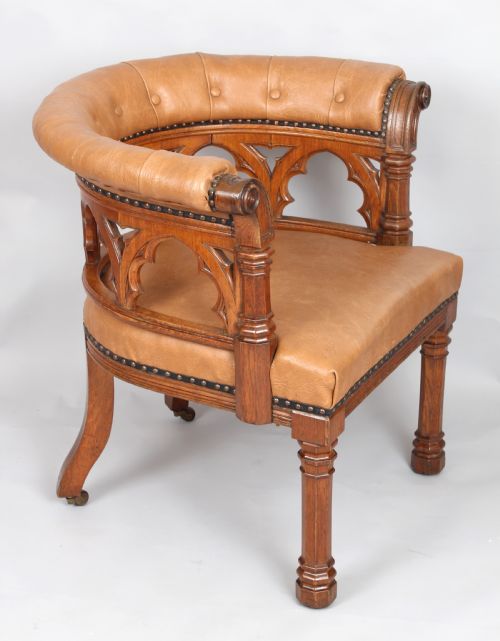 fig 2. Victorian golden-oak tub armchair in the Gothic Revival manner
