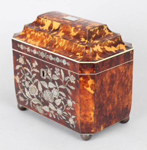 fig 1. Fine casket shaped well figured tortoiseshell and engraved mother of pearl inlaid tea caddy 