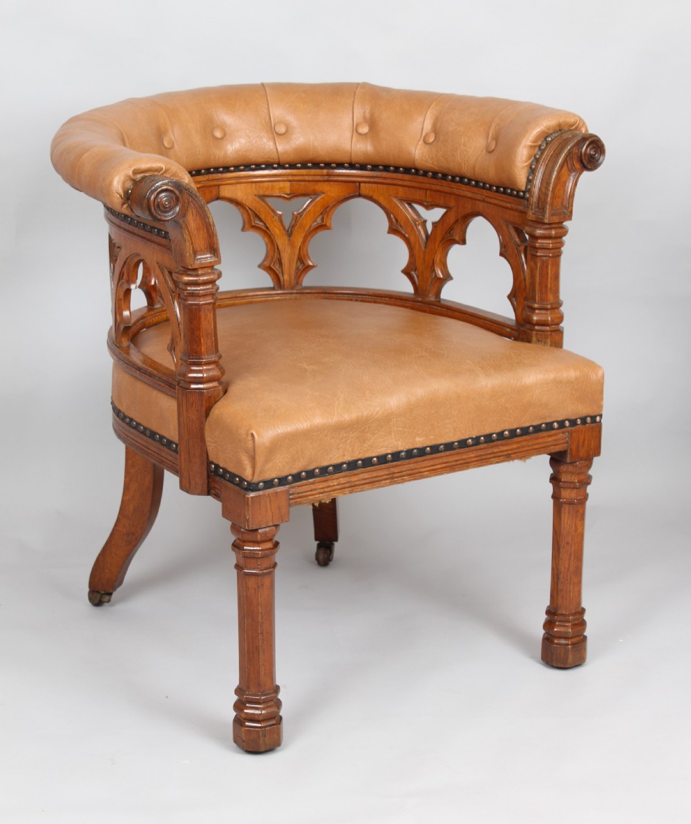 Victorian golden-oak tub armchair in the Gothic Revival manner View IV
